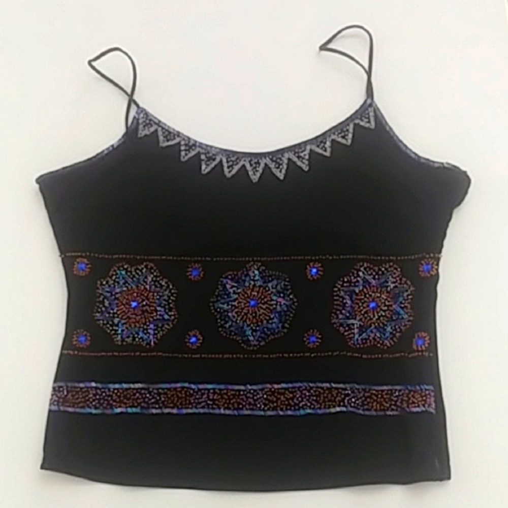 Cache Black Embroidered Spaghetti Strap Top
